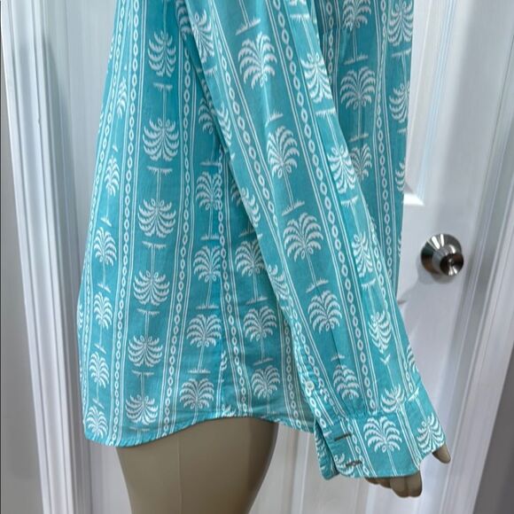 TALBOTS PALM PRINT SHIRT. AQUA. - Picture 4 of 8